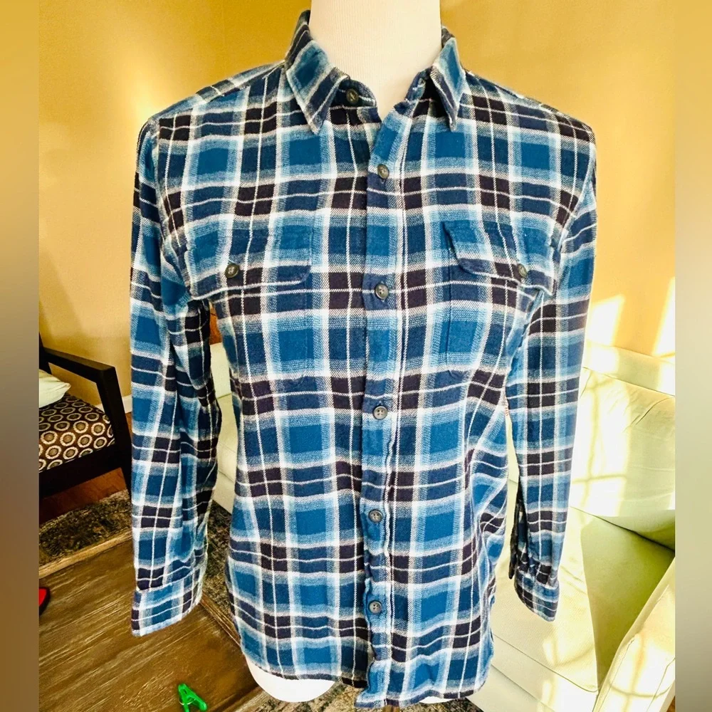 Old Navy Girls Size XL 14/16 Blue Plaid Flannel Shirt Stretch Cotton